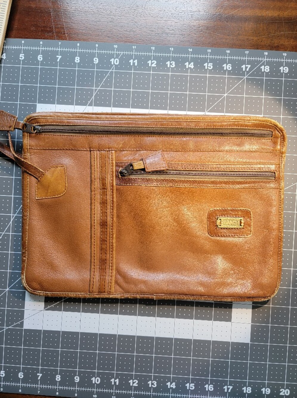 Vintage Land Leather Zip Portfolio With Wrist Strap And Snap Key Fob